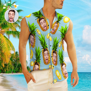 Custom Face Men's Sleeveless Hawaiian Shirts Personalized Sleeveless Shirts For Men Big Pineapple - My Face Gifts