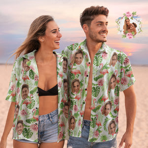 Custom Face Hawaiian Shirts Personalized Flamingo Shirts Couple Casual Short Sleeve Valentine's Day Gift - My Face Gifts