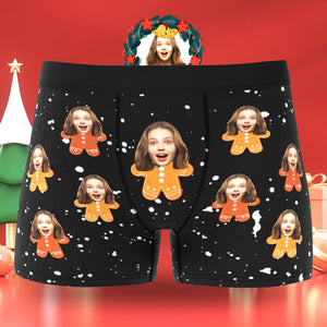 Custom Face Men's Boxers Briefs Personalized Men's Christmas Shorts Gift With Photo Gingerbread Man - My Face Gifts