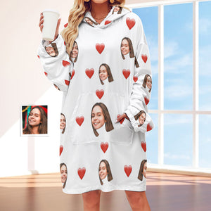 Custom Face Adult Unisex Blanket Hoodie Personalized Blanket Pajama Gift Red Heart - My Face Gifts