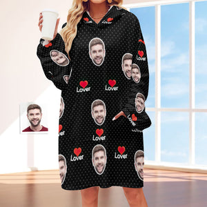 Custom Face Adult Unisex Blanket Hoodie Personalized Blanket Pajama Gift Red Heart for Lover - My Face Gifts