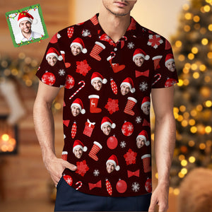 Men's Custom Face Christmas Polo-Shirts Short Sleeve Golf Tees Red Outdoor Sport Tennis Tops - My Face Gifts