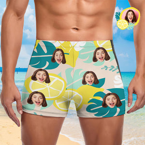 Custom Men's Swim Boxer Shorts, Hawaiian Face Swim Trunks, Peseronalized Swim Briefs Lemon Swimwear