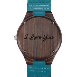 Custom Engraved Sandal Wood Photo Watch Blue Leather Strap For Women's Gift - 38mm