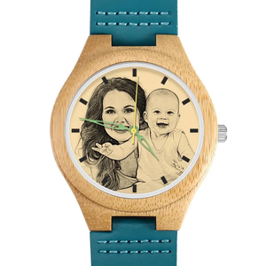 Custom Engraved Bamboo Photo Watch Blue Leather Strap For Women's Gift - 38mm