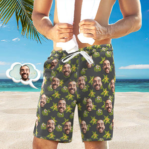 Men's Custom Face Beach Trunks All Over Print Photo Shorts - Green And White Flower