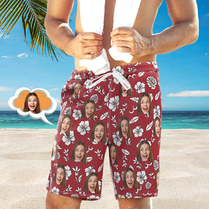 Men's Custom Face Beach Trunks All Over Print Photo Shorts Red