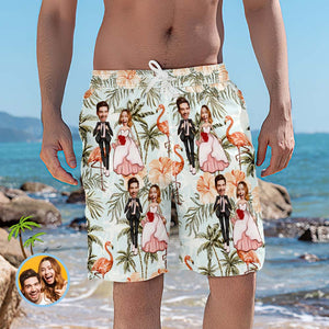 Custom Beach Shorts Personalized Flamingo and Coconut Trees Wedding Swim Trunks