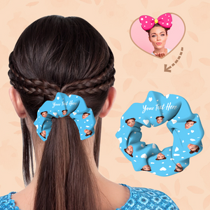 (3pcs)Custom Face On Hair Scrunchie Personalized Add Text Ponytail Holders Tiaras - Heart - Blue