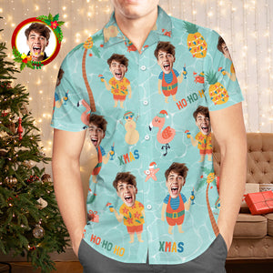 Custom Face Hawaiian Shirt Pineapple With Santa Claus Men's Christmas Shirts - My Face Gifts
