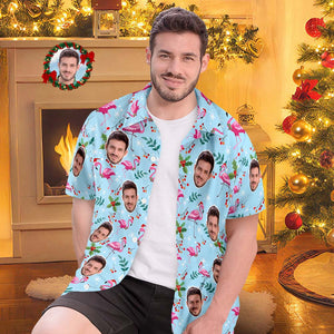 Custom Face All Over Print Men's Hawaiian Shirt Christmas Flamingo Seamless Pattern Hawaiian Shirt - My Face Gifts