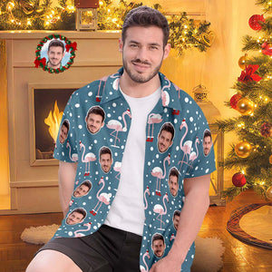 Custom Face All Over Print Men's Hawaiian Shirt Flamingo In Santa Hat Christmas Shirt - My Face Gifts