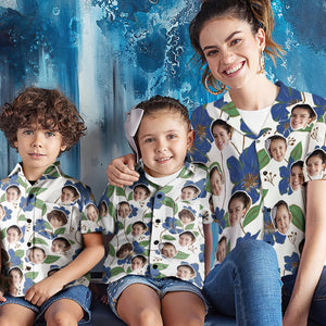 Custom Face Shirt Women's and Kids Hawaiian Shirts Short Sleeve Shirt Mother's Day Gift Blue Flowers
