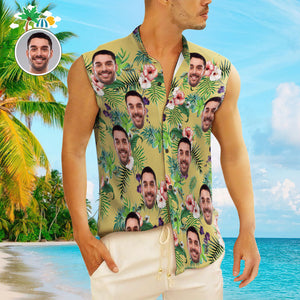 Custom Face Men's Sleeveless Hawaiian Shirts Personalized Yellow Sleeveless Shirts For Men - My Face Gifts