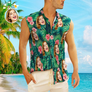 Custom Face Men's Sleeveless Hawaiian Shirts Personalized Sleeveless Shirts For Men Red Flowers - My Face Gifts