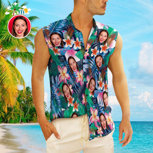 Custom Face Men's Sleeveless Hawaiian Shirts Personalized Sleeveless Shirts For Men Colorful Flowers - My Face Gifts