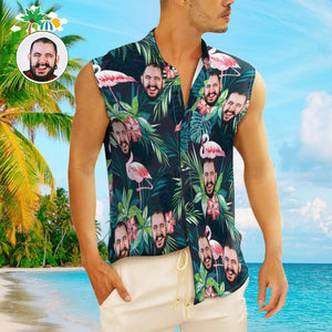 Custom Face Men's Sleeveless Hawaiian Shirts Personalized Sleeveless Shirts For Men Flamingo Flower - My Face Gifts