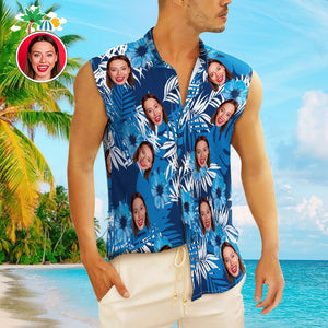 Custom Face Men's Sleeveless Hawaiian Shirts Personalized Blue Sleeveless Shirts For Men - My Face Gifts