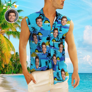Custom Face Men's Sleeveless Hawaiian Shirts Personalized Sleeveless Shirts For Men Vice City - My Face Gifts