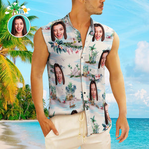 Custom Face Men's Sleeveless Hawaiian Shirts Personalized Sleeveless Shirts For Men Sea View - My Face Gifts