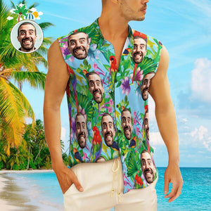 Custom Face Men's Sleeveless Hawaiian Shirts Personalized Sleeveless Shirts For Men Colorful Parrot - My Face Gifts