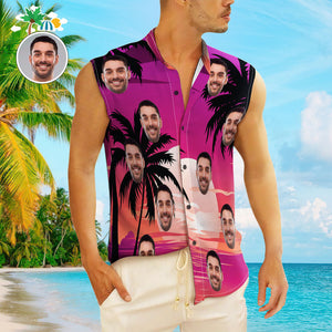 Custom Face Men's Sleeveless Hawaiian Shirts Personalized Sleeveless Shirts For Men Sunset - My Face Gifts
