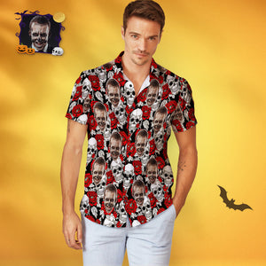 Custom Face Men Hawaiian Shirts Personalized Halloween Hawaiian Shirts Skull and Roses - My Face Gifts