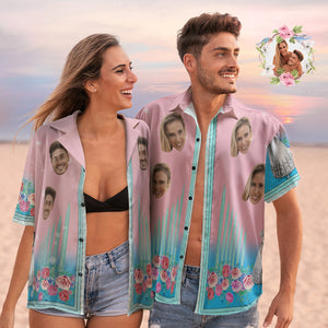 Custom Face Hawaiian Shirts Personalized Couple Floral Pink Holiday Beach Shirts Valentine's Day Gift - My Face Gifts