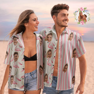 Custom Face Hawaiian Shirts Personalized Couple Flamingo Shirts Casual Short Sleeve Valentine's Day Gift - My Face Gifts
