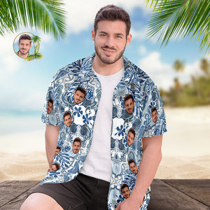 Custom Face Hawaiian Shirt Men's All Over Print Aloha Shirt Gift - Blue Vintage Pattern
