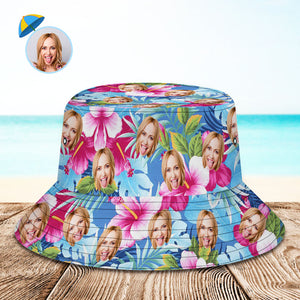 Custom Bucket Hat Personalized Face All Over Print Tropical Flower Print Hawaiian Fisherman Hat - Pink Flowers