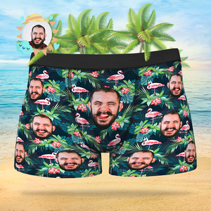 Custom Face On Boxer Shorts Men's Gifts Photo Boxer Briefs - Leaves & Flamingo