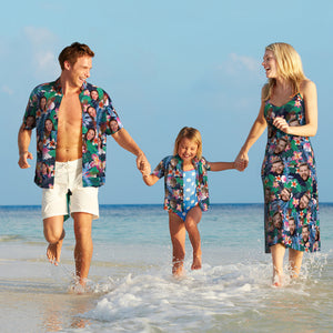 Custom Face Hawaiian Style Colorful Flowers Long Dress And Shirt Family Matching