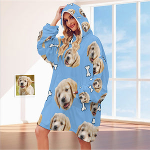 Custom Face Adult Blanket Hoodie Personalized Blanket Pajama Gift for Women Pet Dog - My Face Gifts