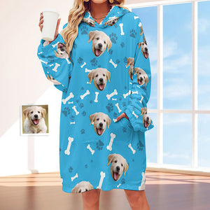 Custom Face Adult Unisex Blanket Hoodie Personalized Blanket Pajama Gift Pet Dog - My Face Gifts