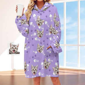 Custom Face Adult Unisex Blanket Hoodie Personalized Blanket Pajama Gift Pet Cat - My Face Gifts