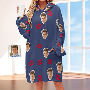 Custom Face Adult Unisex Blanket Hoodie Personalized Blanket Pajama Gift Red Lips - My Face Gifts