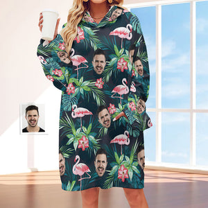 Custom Face Adult Unisex Blanket Hoodie Personalized Blanket Pajama Gift Hawaiian Flamingos - My Face Gifts
