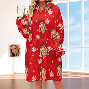 Custom Face Adult Unisex Blanket Hoodie Personalized Blanket Pajama Gift Christmas Elk - My Face Gifts