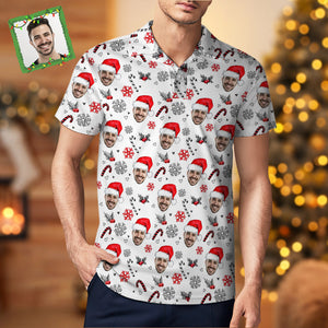 Men's Custom Face Shirt Personalized Face With Christmas Hat Pattern Golf Polo Shirts - My Face Gifts