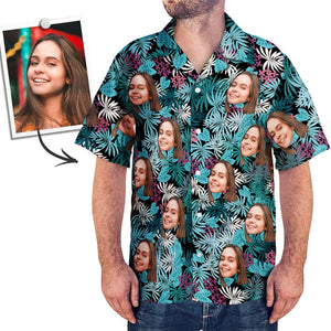 Custom Face Hawaiian Shirt Men's Photo Shirt All Over Print Shirt - Blue Leaves