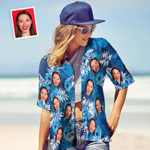Custom Face Hawaiian Shirt Women's All Over Print Blue Short Sleeve Shirt