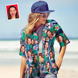 Custom Face Hawaiian Shirt Women's All Over Print Colorful Flowers Short Sleeve Shirt