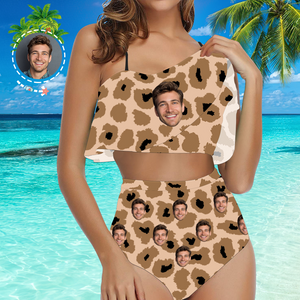 Custom Face Bikini Women's Ruffle Summer Bikini High Waisted Bathing Suits Gift For Her - Leopard
