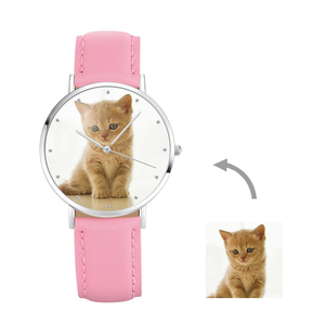 Custom Engraved Silver Photo Watch Pink Leather Strap For Women's Gift - 36mm