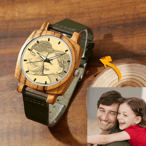 Custom Engraved Bamboo Photo Watch Dark Green Leather Strap For Men's Gift - 45mm