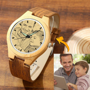 Custom Engraved Bamboo Photo Watch with Wooden Leather Strap For Men's Gift - 45mm
