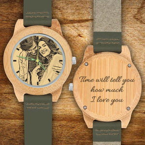 Custom Engraved Bamboo Photo Watch Dark Green Leather Strap For Women's Gift - 41mm