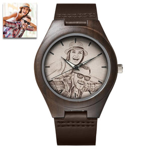Custom Engraved Wooden Photo Watch Leather Strap For Men's Gift - 45mm