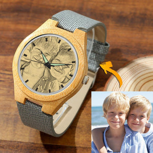 Custom Engraved Bamboo Photo Watch Grey Leather Strap For Women's Gift - 41mm